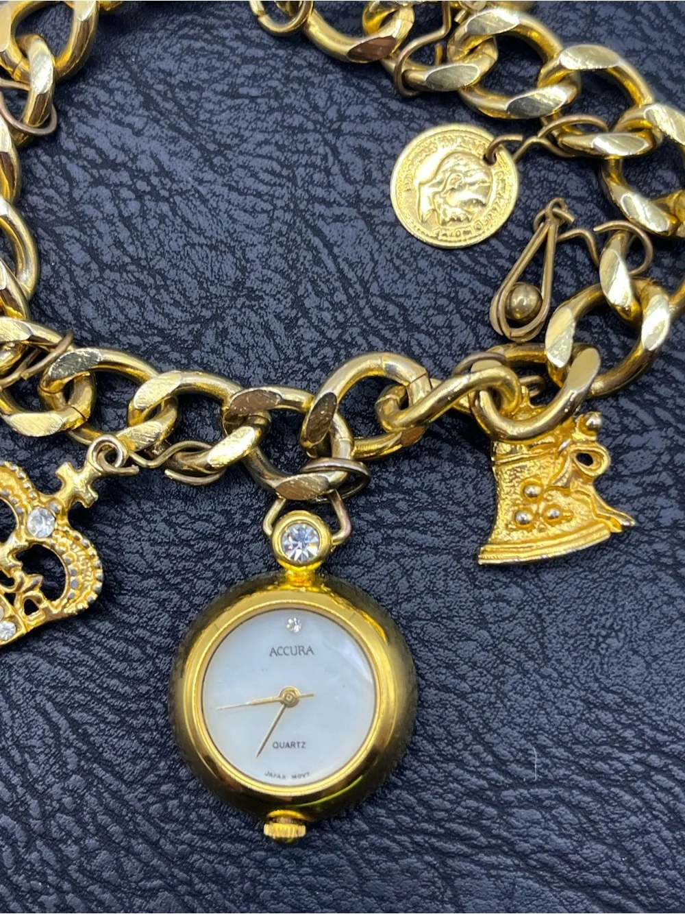 Gold Charm Bracelet Watch with Decorative Charms Crown Hearts Key  Charms